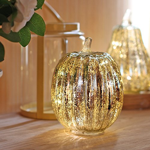 Image of Mercury Glass Pumpkin Light with Timer for Halloween Pumpkin Decorations Fall and Thanksgiving Decor, Sliver,7.5 inches