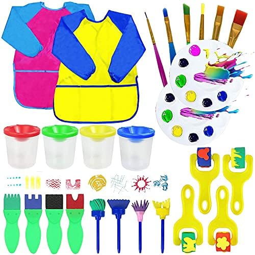 26PCS Paint Sponges for Kids,Washable Paint Brushes Set for Toddler,Early Learning Kids Paint Set with Waterproof Painting Apron 3 Pockets,Flower Pattern Brush for DIY Arts & Crafts Painting Supplies
