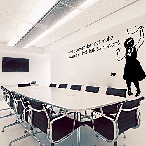 AnOL Banksy Vinilo para Pared Frase La Escritura en Paredes no te Hacen Anarquista/Niña con Cara Sonriente/Street Graffiti Pegatina + Gratis Adhesivo (180x95 cm)