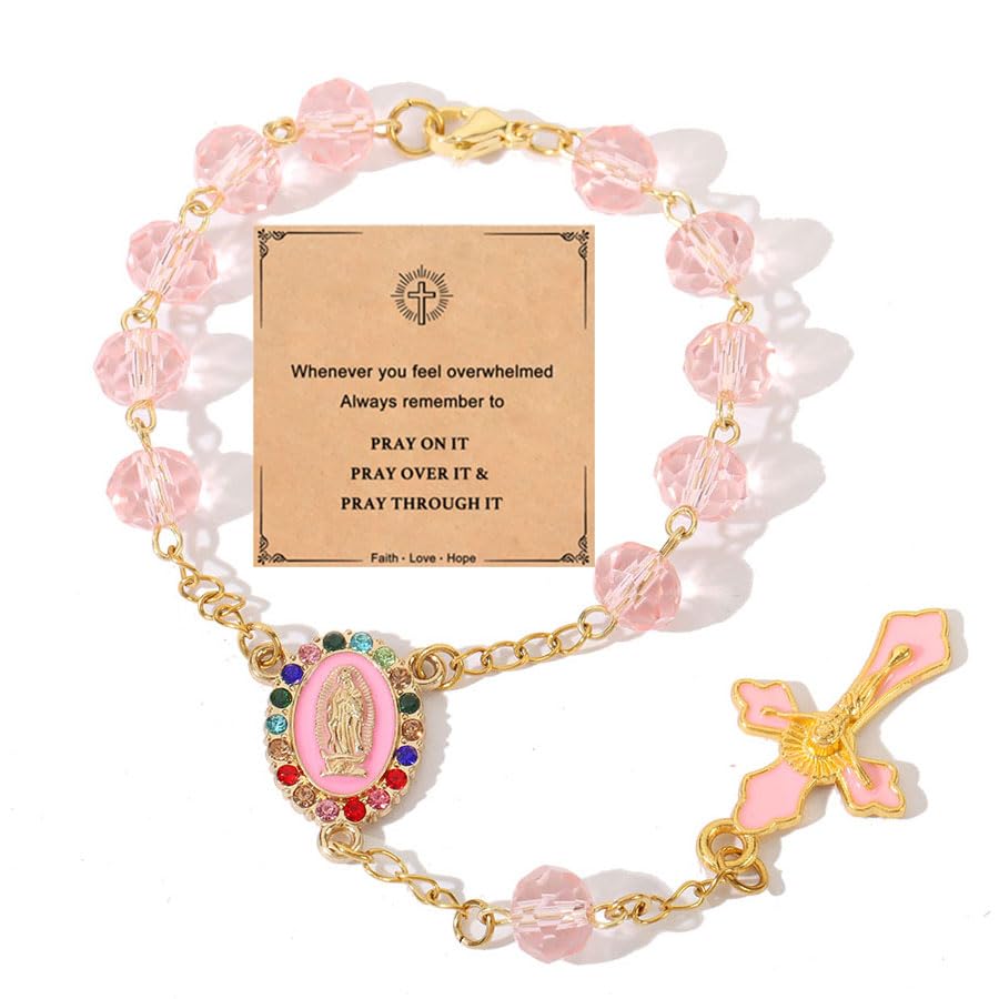 Car Mirror Hanging Accessories Car Rosary for Mirror Hanging Catholic Religious Gifts for Women Men Wedding Favors Baptism First Communion Gifts for Guest (Pink)