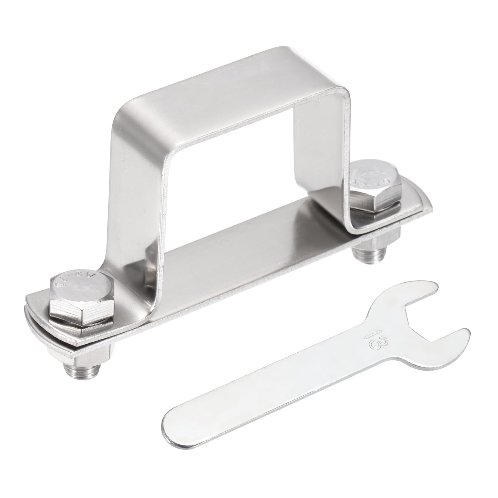sourcing map U Shape Square Tube Clamp, 40x40mm U Shaped Bracket 304 Stainless Steel Square Strap Clamp with Bolt Plate Nuts and Wrench for Pipes Door Closed Bar Holder Railings