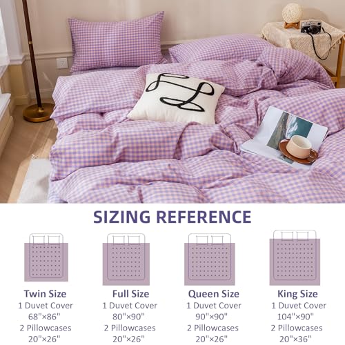 Image of EAVD Vintage Purple Gingham Duvet Cover Queen Soft 100% Washed Cotton Modern Purple Pink Grid Plaid Duvet Cover with 2 Pillowcases Reversible Geometric Pattern Bedding Set with Zipper Closure