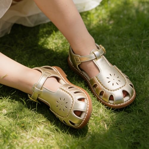 Image of THEE BRON Toddler Girls Closed-Toe Sandals Sweet Retro Cutout Summer Dress Shoes