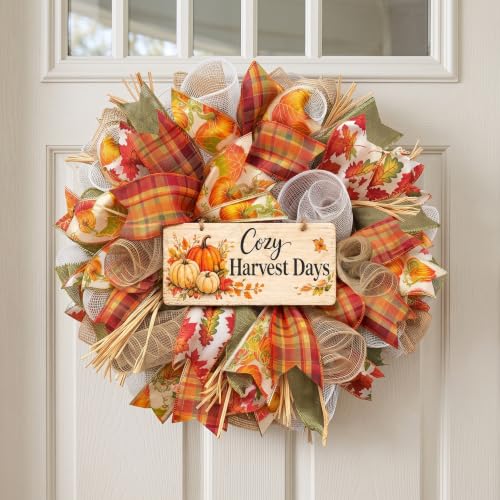 Presentastic 20 Inch Fall Wreaths for Front Door with Layered Plaid Ribbons