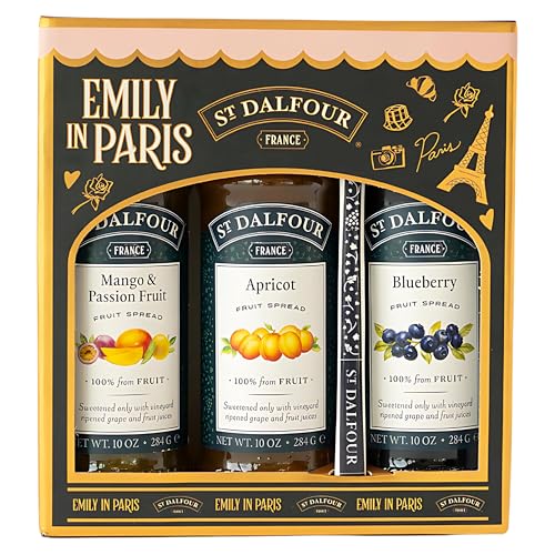 St. Dalfour Pack Regalo – Edición Emily in Paris – 100% fruta, sin azúcar añadido, sin gluten – 3x284g (Mango-Maracuyá/Albaricoque/Arándanos) con cuchara (Mango-Maracuyá, Albaricoque, Arándanos)