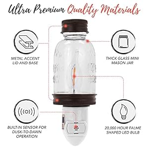 Rustic Mini Mason Jar Night Light in Bronze | Auto On/Off Sensor | Plug in Farmhouse Wall Decor | Cute Country Night Light | Energy Efficient LED Bulb | Timeless Design Rustic Mini Mason Jar Night Light in Bronze Auto OnOff Sensor Plug in Farmhouse Wall Decor Cute Country Night Light Energy Efficient LED Bulb Timeless Design