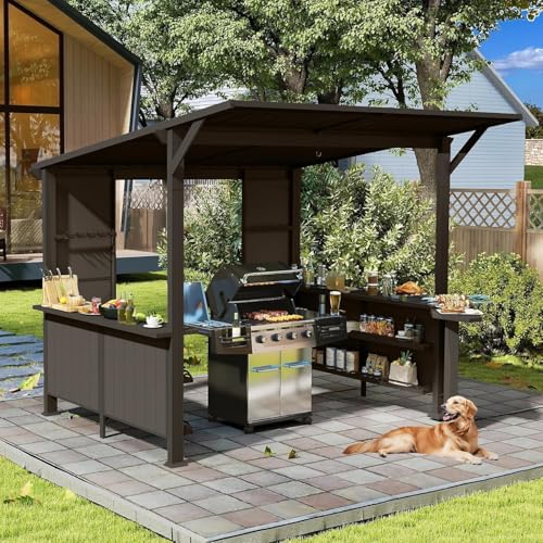 Image of 9x10FT Hardtop Grill Gazebo, Lean to Outdoor BBQ Shelter with Galvanized Steel Slanted Roof, Permanent Metal Grilling Station with Storage Shelves & Bar Platform for Patio (Brown, 9X10FT)