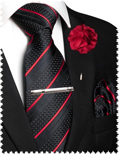 JEMYGINS Mens Red Striped Tie and Lapel Pin Necktie Pocket Square with Tie Clip Sets for Business Casual 4PCS(1)
