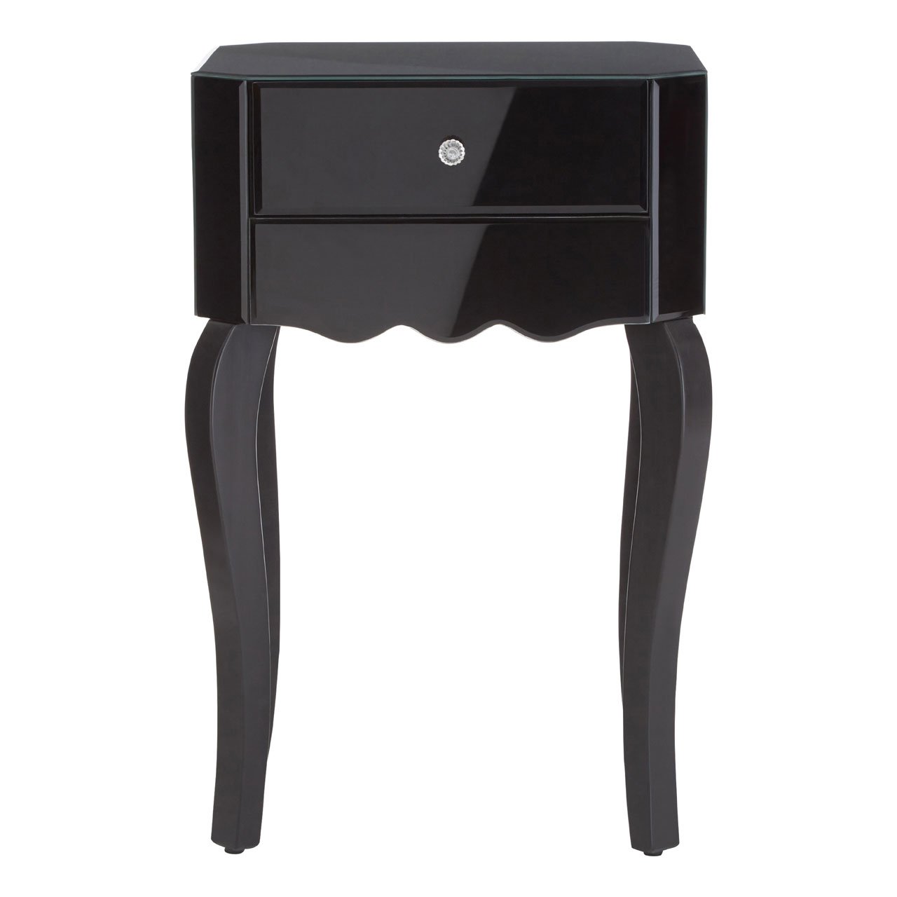 Premier Housewares Sleek 1 Drawer Side Table, Mirrored Modern Side Table For Livingroom, Glass Finished Bedside Table Black