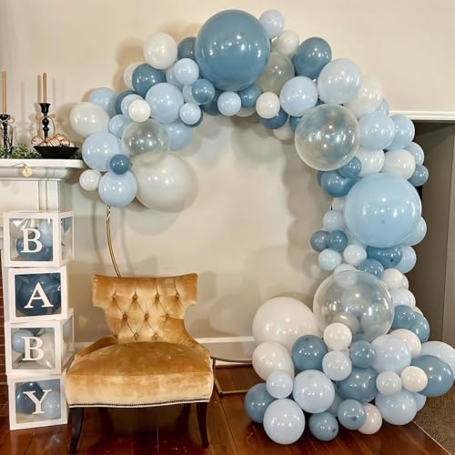 Image of Blue White Clear Balloon, 30pcs 12 Inch Dusty Blue Balloons Macaron Light Blue Matte White Transparent for Gender Reveal Bridal Baby Shower Birthday Party Decorations