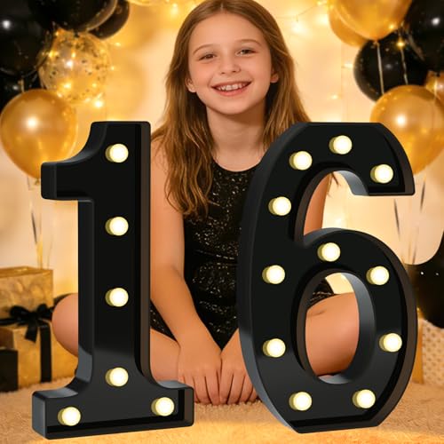 Image of Pooqla 16th Birthday Decorations for Boys, Large Black Light Up Numbers | Black Party Decorations, 12.6in Tall Big Marquee Numbers 16th Anniversary Birthday Gift for Boys Wedding Room Decor