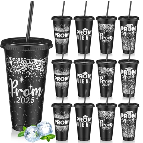 SiliFine 12 Set Graduation Prom 2025 Plastic Cups, 24oz Reusable Prom Plastic Tumblers Cup with Lids and Straws Graduation Party Dinnerware Supplies Bulk for Cold Drink (Black Silver)