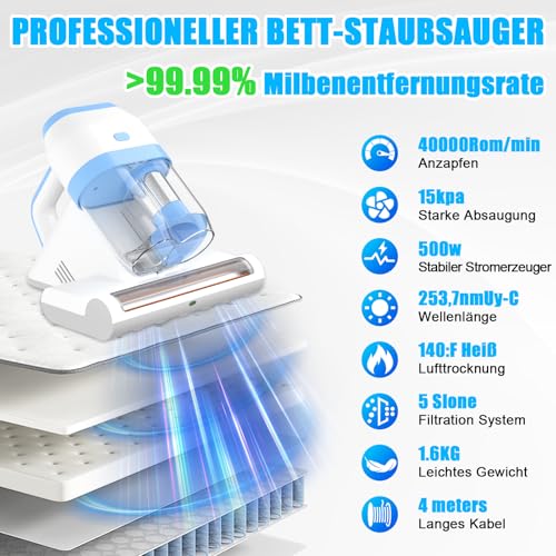 ZOBMIO Milbensauger für Matratzen, Milbenstaubsauger mit UV-Licht für Matratzen, Betten, Sofa (schneeweiß, L)