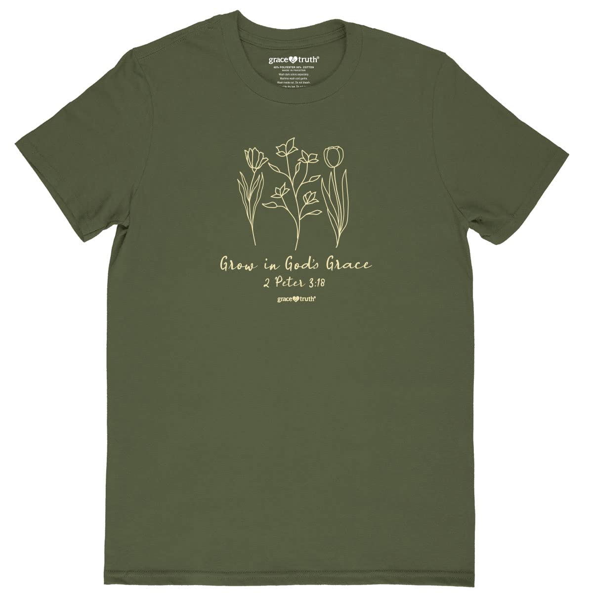(Size M) Kerusso Grace & Truth Grow in God's Grace Flowers Moss Green Cotton Crew Neck T-Shirt, Small