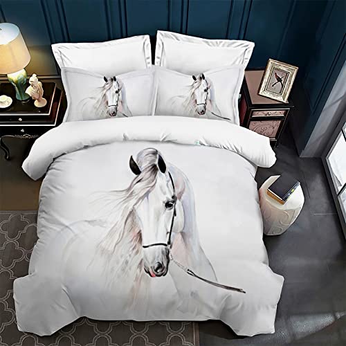 Parure de lit King Size en microfibre avec housse de couette 220 x 240 cm Impression 3D Cheval Animal Housse de couette avec 2 taies d'oreiller pour enfants, adultes Cover