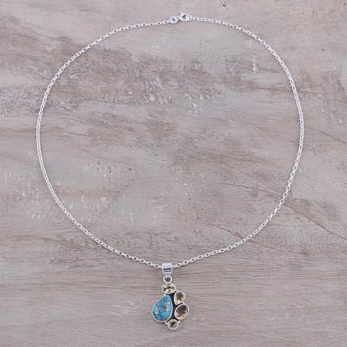 NOVICA Artisan Handmade Citrine Pendant Necklace Composite Turquoise from India Sterling Silver Reconstituted Birthstone Gemstone [18 in L 2 mm W Pendant(s) 1.4 in L x 0.7 in W x 0.3 in D] ' Golden4