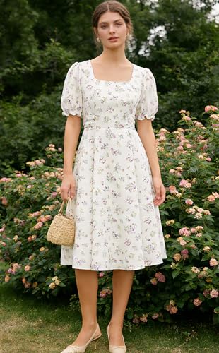 Image of Belle Poque Women's Vintage Midi Cottagecore Cocktail Dresses | Belle Poque Women's Vintage Cottage Core Dress,A-line,Midi,Square Neck,Homecoming Dress,Cocktail Dress,Sun Dress