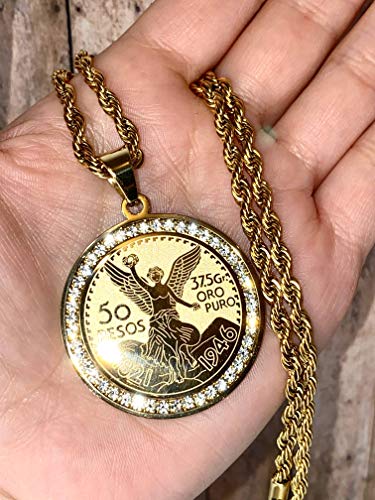 Men Women 925 Italy 14k Gold Finish Iced Round Mexican Coin Centenario Mexicano Moneda 50 Pesos Ice Out Pendant Stainless Steel Real 2.5 mm Rope Chain Necklace, Men's Jewelry, Iced Pesos Coin Pendant, Chain Pendant Rope Necklace (16" NECKLACE) - Image 3