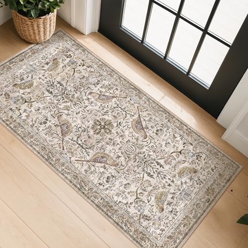 Boho Moss 2x4 Small Rugs for Entryway, Vintage Washable Low Pile & Soft Throw Rugs for Kitchen, Bathroom - Classic Home Décor, Bird & Botanical Desig