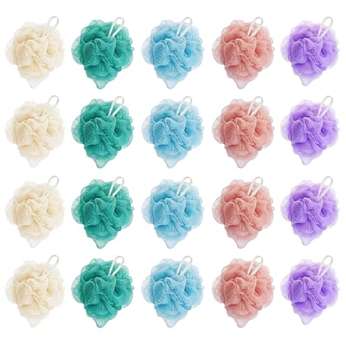 20 Pack Mini Loofah Sponge for Shower Travel Size Bath Sponges Mesh Shower Puff Bath Pouf with Hanging Loop Body Scrubber for Kids Women Men 5 Colors