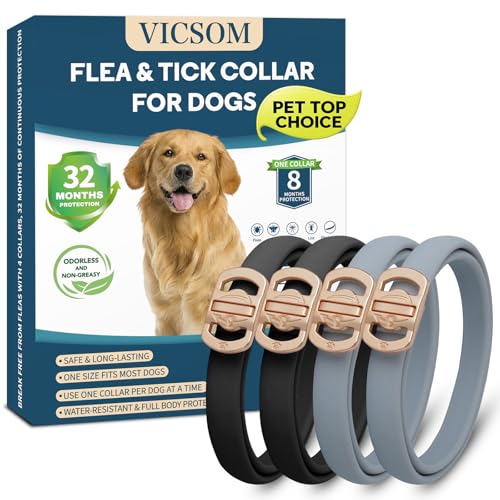 Flea and Tick Collar for Dogs 4 Pack, 32 Months Prevention, Waterproof, Adjustable for Small Medium Large Dogs Puppies (Black and Grey)
