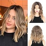 Maforsoon Short Hair Wavy Wig for Women Shoulder Length Wigs 14 Inch Middle Part Curly Wavy Bob Wig Natural Looking Synthetic Heat Resistant Fiber Wig for Daily Party Use, DM376-R4/10BT24