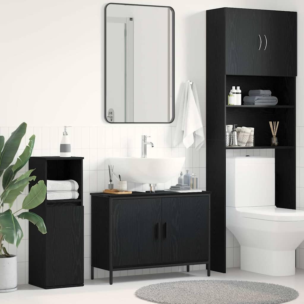Mueble bajo lavabo de roble negro, 80 x 30 x 60 cm, material de madera con marco de acero, 2 puertas, moderno mueble de baño que ahorra espacio para pequeños baños y aseos de invitados