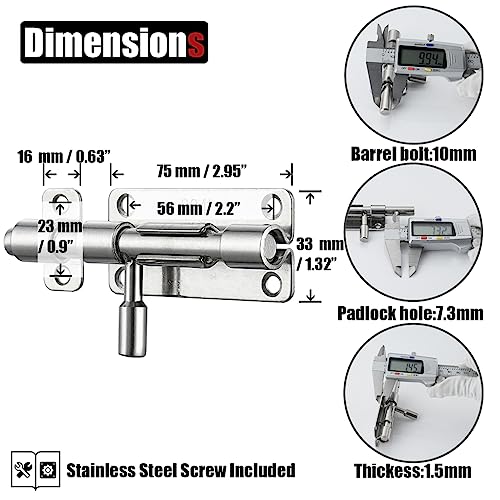 JQK Door Latch Lock Barrel Bolt 4 Inch, 304 Stainless Steel Slide Gate Latches Security Thickened 1.4mm with Padlock Hole, Silver, 2 Pack HBB120-P2 - Image 2
