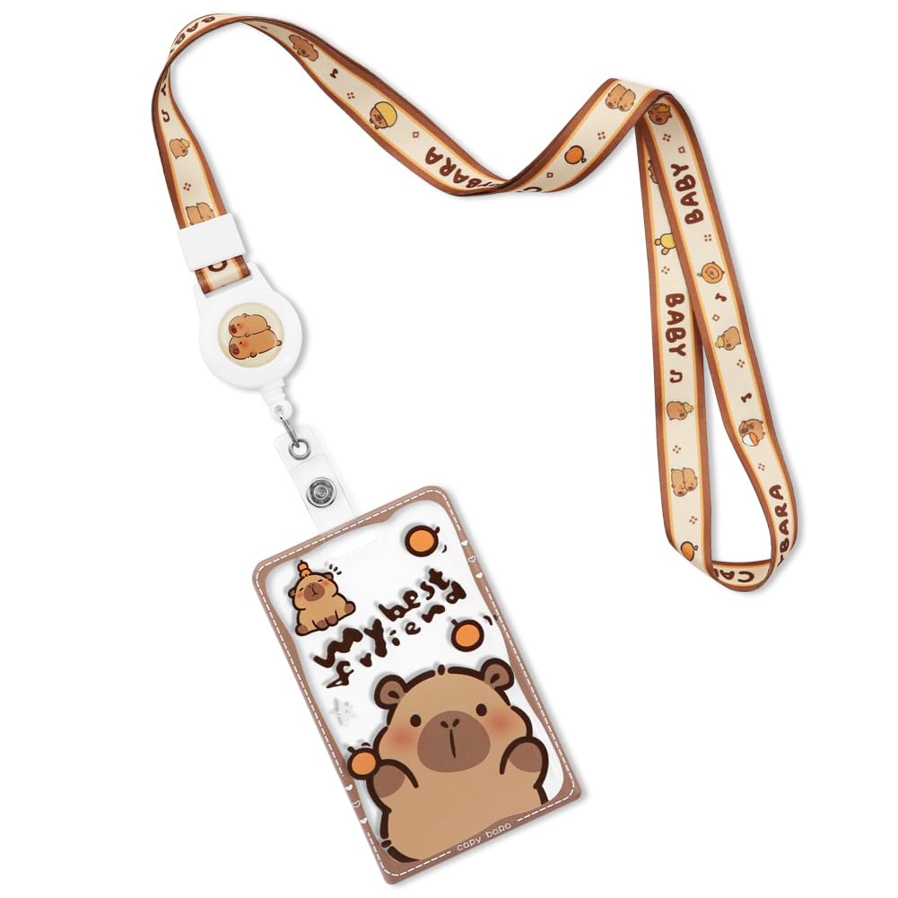 Capybara Persimmon Card Holder with Brown Edge Extendable Lanyard, Cute Animal ID Badge Holder for Work, School, College, NFC Compatible, Durable Plastic Card Sleeve with Adjustable Strap