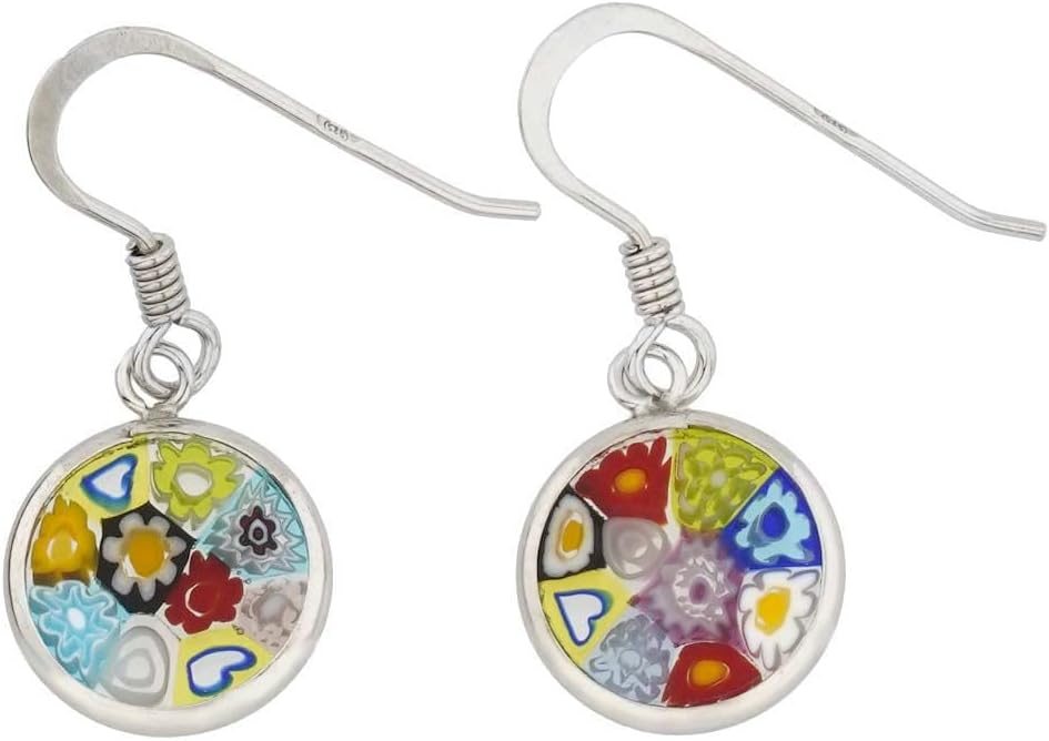 Glass Of Venice Italian Murano Glass Millefiori Round Dangle Earrings "Multicolor" Flowers Small 3/8 inch or 10mm Silver Frame and Hooks - Murano Glass Fashion Earrings For Women