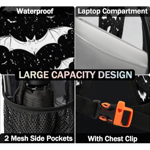Spooky Halloween Clear Backpack for Stadium Events, Black and White Bats Waterproof Clear Bag for Women Men Adult Sport Work Daily Music Festival and Concerts3