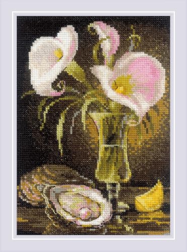 Image of RIOLIS - Calla Lilies and Oyster 2267, Floral Cross Stitch Kits 6 inch x8, Cross Stitch Kit for Beginners & Advanced, Crossstitching Kits Adult, Counted Stitching Kits, Embroidery Kit