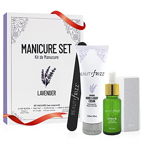 Beautyfrizz Lavender Nail Buffer Set - Manicure Set with 3-Sided Buffer, Cuticle Oil & Hand and Body Cream
