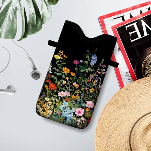 Image of Neoprene Cell Phone Sleeve Pouch Case Bag with Crossbody Strap Neck Lanyard for Women 7.1 X 3.9 in Flowers Plants