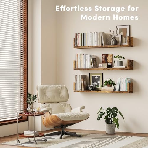 Image of Wall Bookshelf, Set of 3, U Shaped Floating Bookshelf, Hanging Bookshelves for Wall, Wall Mounted Shelves for Living Room Bedroom Office (Rustic Brown, 23.6 Inches, 3)