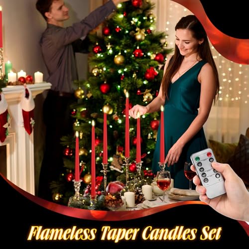 Image of Rossesay 16 Pcs Red Flameless Taper Candles Battery Operated Candles with Remote Timer 8.5 inch 9.6 inch 10.8 inch 12.8 inch LED Flameless Flickering Candlestick for Halloween Christmas Wedding Party Decor