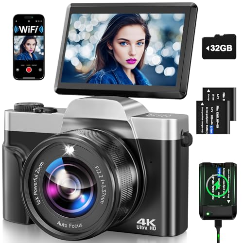 Digitalkamera, 4K 64MP Autofokus Kamera Fotokamera Mit WLAN, 3' 180° Klappbarer Bildschirm Digital Kamera mit 32GB Karte, Ladestation, 2 Akkus Fotoapparat Kompaktkamera für Anfänger Teenager -Schwarz