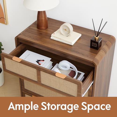 Image of Mid Century Modern Dresser for Bedroom with 4 Drawers, 35 inch Tall Chest of Drawers with Natural Linen, Curved Wood Dresser Closet Clothes Storage Organizer for Living Room, Hallway((Walnut)