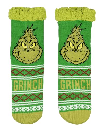 Bioworld Dr. Seuss Socks The Grinch Socks Women's Grinch Face Fair Isle Sweater Knit Plush Fleece Lined Non-Slip Cozy Slipper Crew Socks2