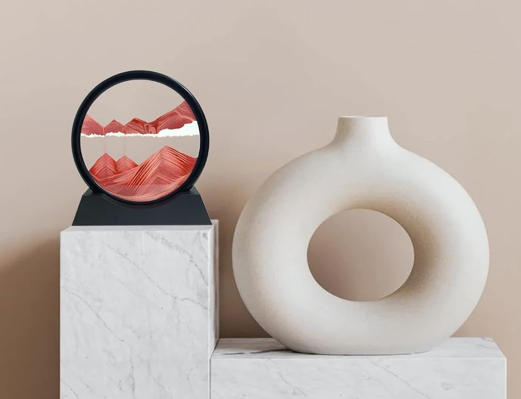 Evilia Ecom 1 Pcs 7" inch Moving Sand Art Picture Decor, 3D Deep Sea Sandscape Liquid Motion, Round Glass Frame Display Flowing Sand Relaxing Gift for Kids Adults Home Office Work Desktop (Red) 1