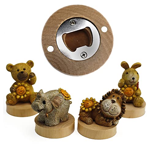 DLM 32719 (Kit 12 Pezzi) Apri Bottiglie Apribottiglie con Calamita Moderno Design Tondo in Legno Animali Animaletti Orsetto Coniglio Elefante Leone bomboniera