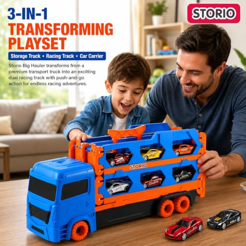 Image of Storio Big Hauler Storage & Deform Transport Truck Toy | 3-in-1 Transforming Carrier with Foldable Dual Racing Track & 2 Die-Cast Cars | Push & Go Toy for Kids Boys & Girls 3+ Years