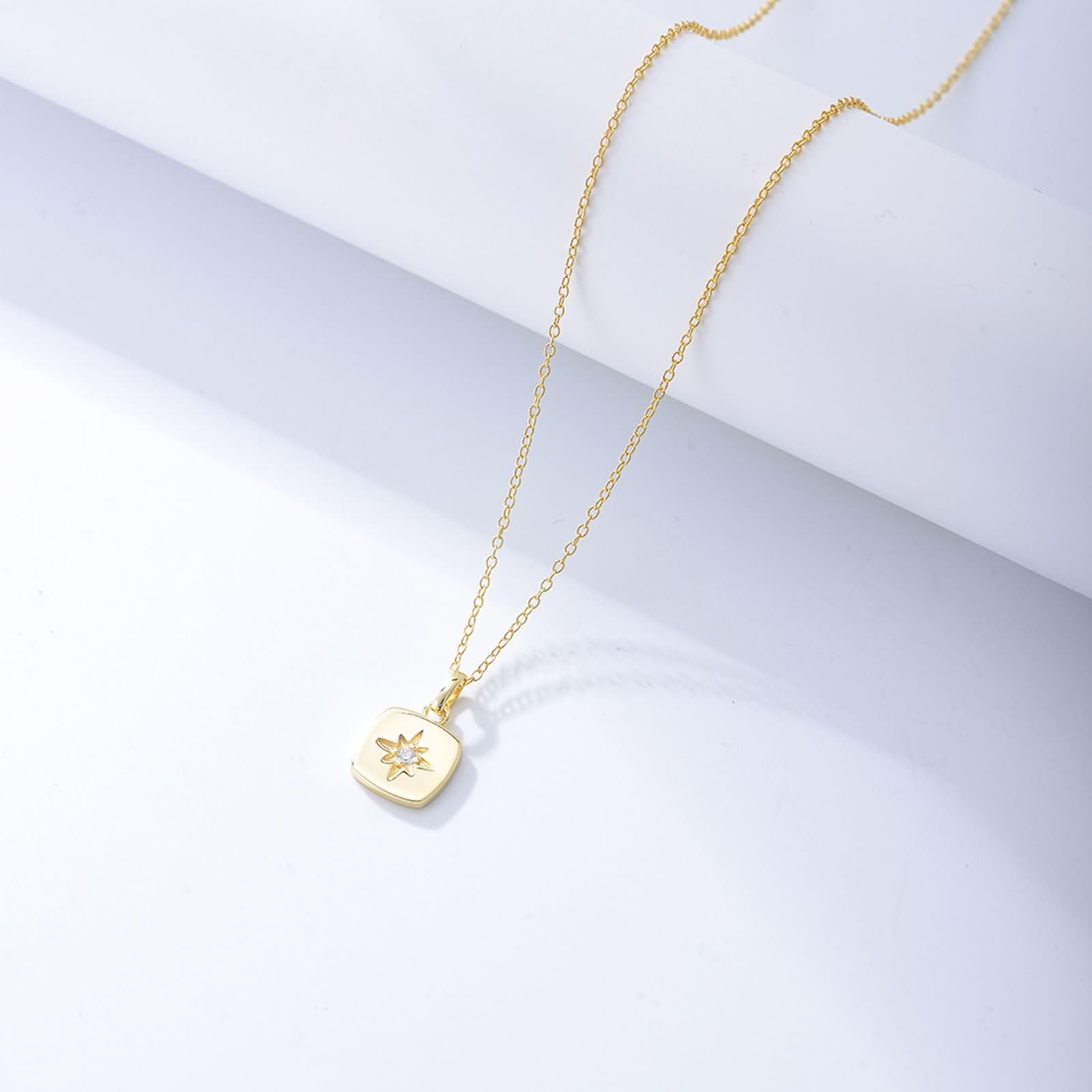 Collana Pendente Oro Giallo 9K / 14K / 18K Donna, Quadrato e Stella con Diamante, Collana Oro Donna
