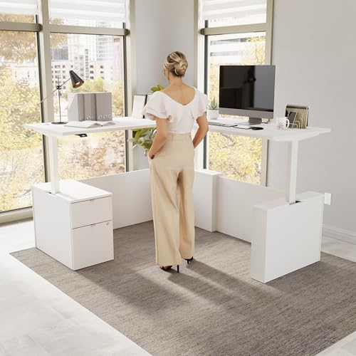 Image of Bush Business Furniture 72-inch Height Adjustable L Shaped Standing Desk with File Cabinet, Ergonomic Sit-Stand Computer Table for Office, Stratus Collection, White with White Base