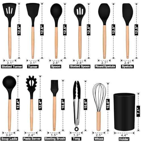 Image of 12 Pcs Silicone Cooking Utensils Set with Holder - Heat Resistant Spatula Turner Set, Wooden Spoons, Kitchen Gadgets Tools for Nonstick Cookware (12, Black)