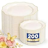 WDF 200PCS Ivory Plastic Plates with Gold Rim - Cream Plastic Plates - Include 100 Dinner & 100 Dessert Fancy Disposable Plate for Party - Heavy Duty Plate for Wedding/Baby Shower/Spring/Mother's Day