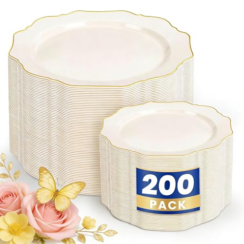 WDF 200PCS Ivory Plastic Plates with Gold Rim - Cream Plastic Plates - Include 100 Dinner & 100 Dessert Fancy Disposable Plate for Party - Heavy Duty Plate for Wedding/Baby Shower/Spring/Mother's Day