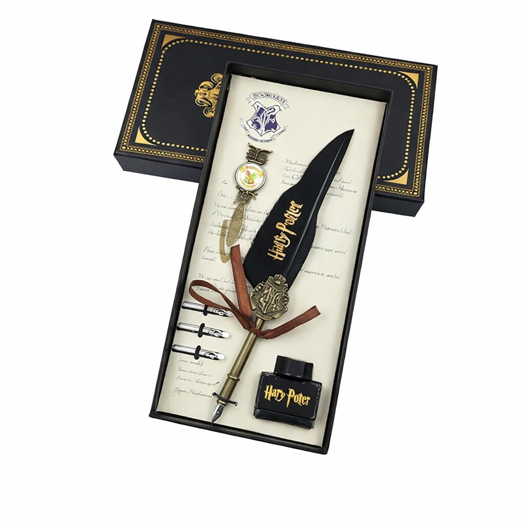 Harri-Pott-er Style Feather Quill Pen Calligraphy Writing Set with Ink Bottle & Metal Nibs | Vintage Magic Wizard Writing Gift Set for Journaling & Creative Writing (Black)
