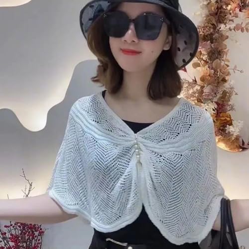 Image of Knitted Shrug for Women, Hollow-Out Cover Up, White | Lightweight Cotton Blend With Scoop Neck And 20-Inch Length For Dresses, Camisoles And Tops For Casual