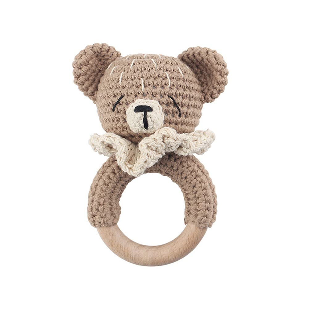LICHENGTAI Sonajero de Tela, Juguete Mordedor Hecho a Mano con Forma de Conejo, Anillo De Mordedor para Animales De Ganchillo, Sonajero de Madera, Regalo para Nacimiento, Niña Y Niño